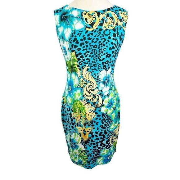 Cache Floral Damask Leopard Print Colorful Blue Sheath Dress Open Back Size 4 - Picture 1 of 9